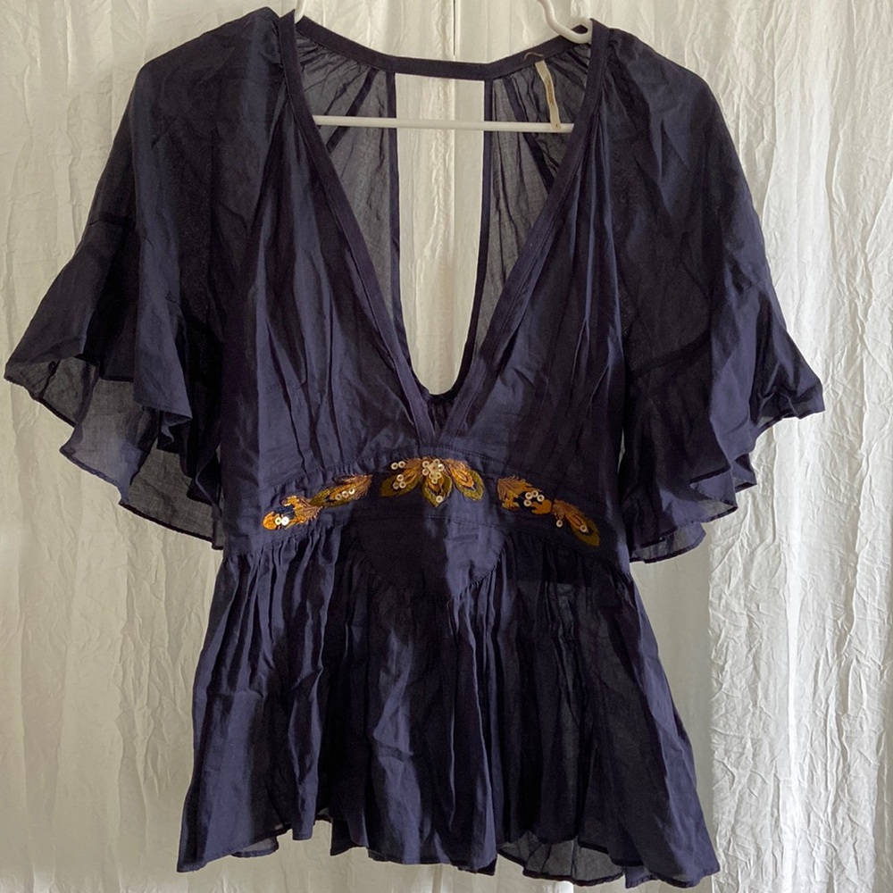 Free People Blue Blouse with Beading and Stich work, size 4